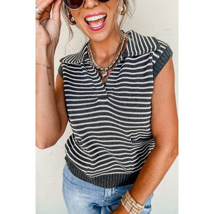 Gray Stripe Collared V Neck Sweater Vest with Pockets