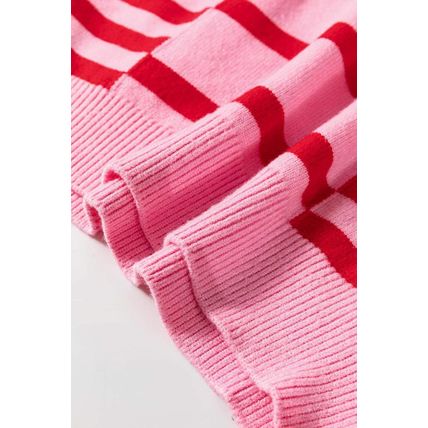 Pink Stripe Bubble Sleeve Drop Shoulder Ribbed Trim Sweater