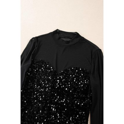 Black Sequin Velvet Sheer Mesh Mock Neck Blouse