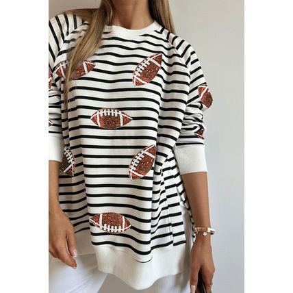 Black Stripe Sequin Rugby Football Side Slits Oversized Sweatshirt
