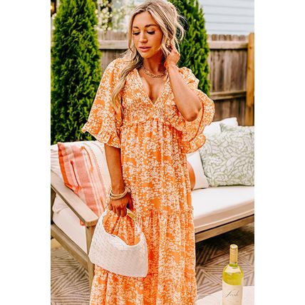 Orange Floral Print Smocked V Neck Wide Sleeve Maxi Dress