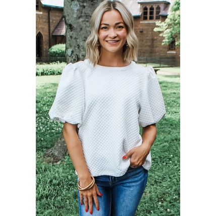 White Solid Textured O Neck Puff Sleeve Blouse