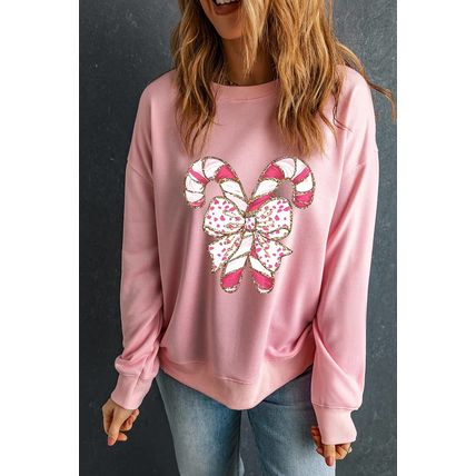 Pink Christmas Bow Candy Cane Graphic Drop Shoulder Crew Neck Sweatshirt