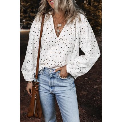 White Eyelet Embroidered Puff Sleeve V Neck Blouse
