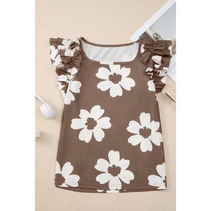 Brown Floral Textured Ruffled Short Sleeve Square Neck Blouse