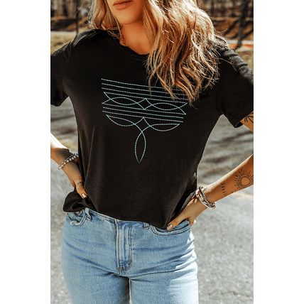 Black Western Fashion Geometric Embroidered T Shirt