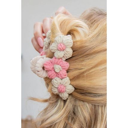 Pink Flower Crochet Cover Large Hair Claw Clip