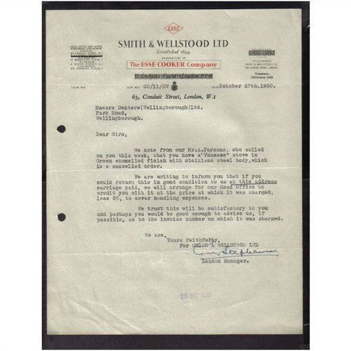 SMITH & WELLSTOOD LTD, "ESSE COOKER CO", CONDUIT ST,LONDON, W1, 27OCT1950