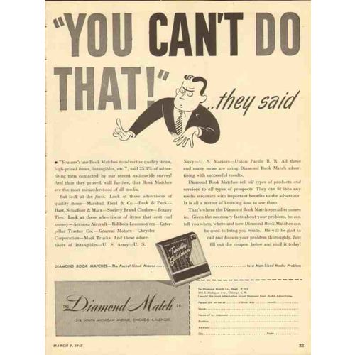 diamond match company 1947 you cant do that book matches vintage ad