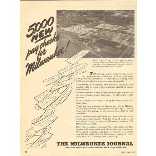 milwaukee journal 1947 5000 new paychecks newspaper media vintage ad