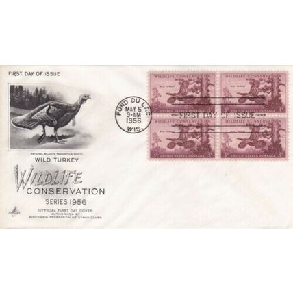 United States 1956 Wild Turkey Wildlife Conservation FDC Fond du Lac Cancel VGC