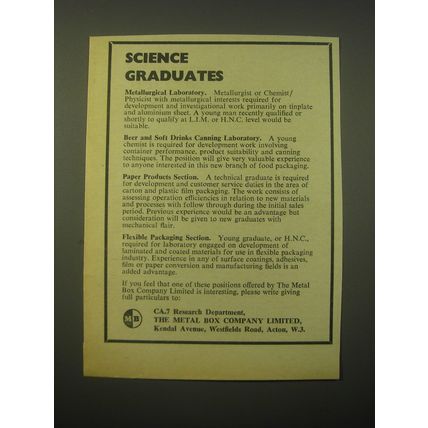1966 The Metal Box Company Ad - Science Graduates