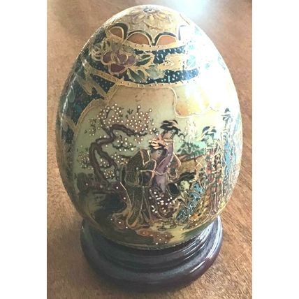 Oriental porcelain Egg hand painted with stand with 3 Geisha Girls