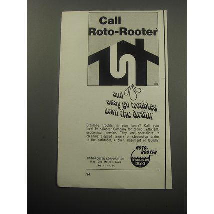 1971 Roto-Rooter Sewer Drain Service Ad - Call Roto-Rooter and away go troubles