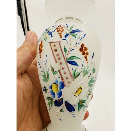 Vase Victorian Bristol Opaline Floral Hand Blown & Hand-Painted on White Decor