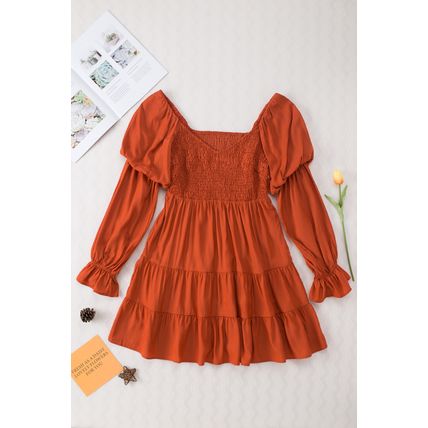 Brown Boho Solid Shirred Ruffle Mini Dress