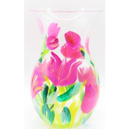 Pink Tulips Floral Vase Glass Handpainted 18 CM Gift Home Decor Ornament