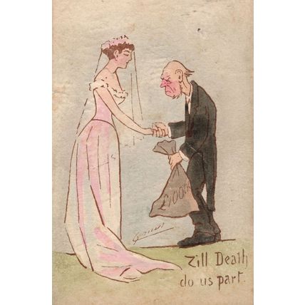 Marrying For Money Till Death Do Us Part Bride Old Comic Postcard