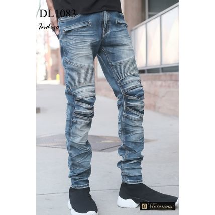 Men Creased Biker Denim Jeans