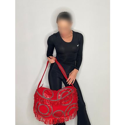 1980s Large Red Overnight Baby Bag Leather Fringed bAG MAKE OFFER!