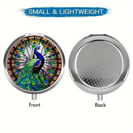Peacock Themed Round Pill Box Metal 3 Compartment