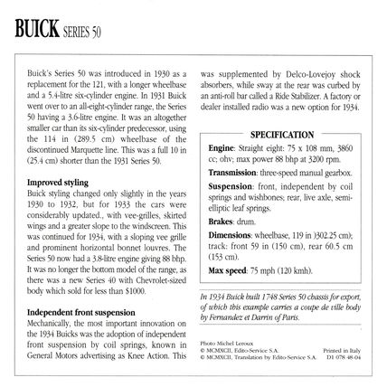 Collectors Club card. Classic Cars. Buick Series 50