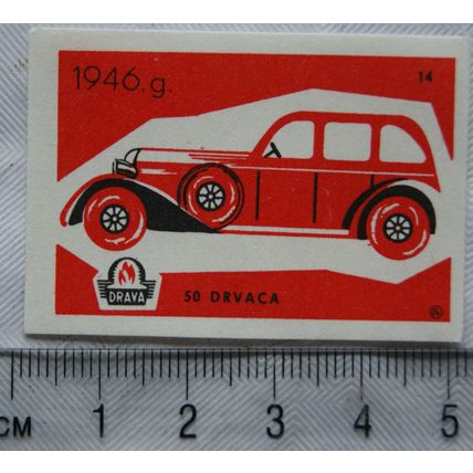 vintage Matchbox Label - Drava - Vintage Car - 1946g