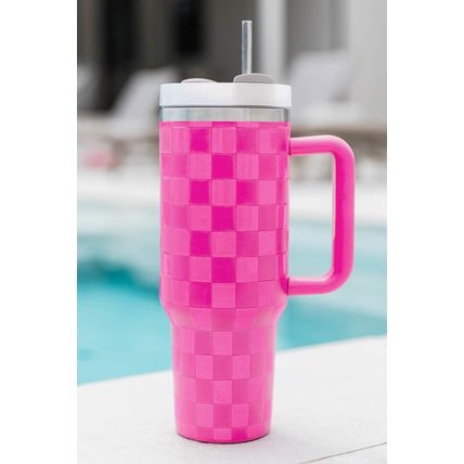 Dark Pink Checkered Print Handled Stainless Steel Tumbler Cup 40oz