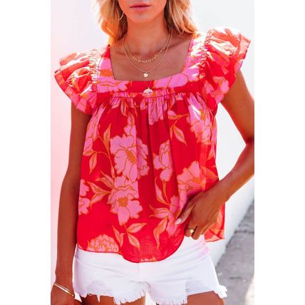 Red Floral Square Neck Ruffle Sleeve Blouse