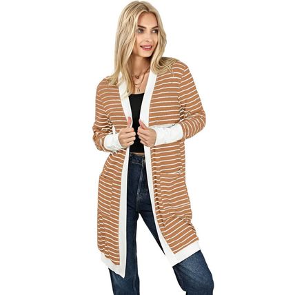 Brown Striped Side Pockets Open Front Cardigan