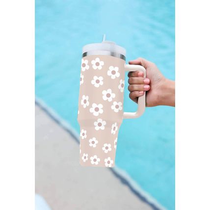 Parchment Floret Print Stainless Tumbler With Lid And Straw