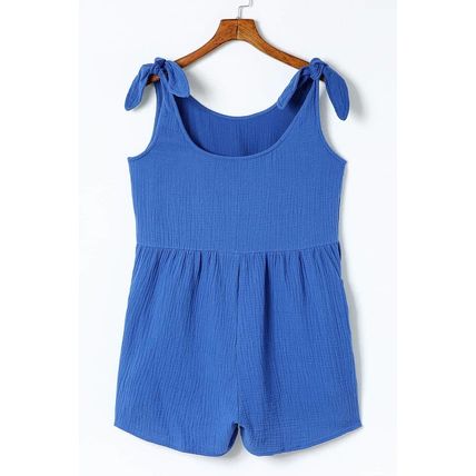 Blue Textured Knotted Straps High Waist Wide Leg Romper