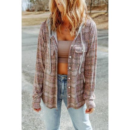 Purple Plaid Contrast Hooded Drawstring Shacket