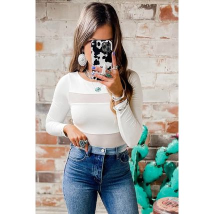 White Mesh Patchwork Long Sleeve Bodysuit