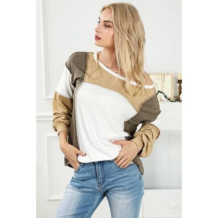 Khaki Exposed Seam Color Block Patchwork Top