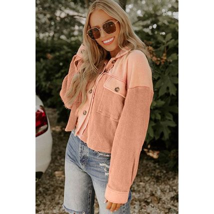 Orange Textured Waffle Knit Chest Pockets Cropped Shacket