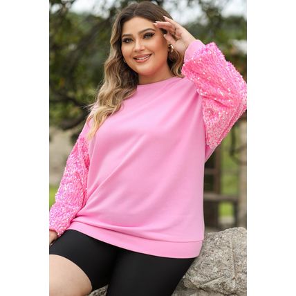 Pink Plus Size Sequin Sleeve Drop Shoulder Sweatshirt