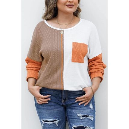 Chestnut Plus Size Color Block Textured Patchwork Top with Pocket
