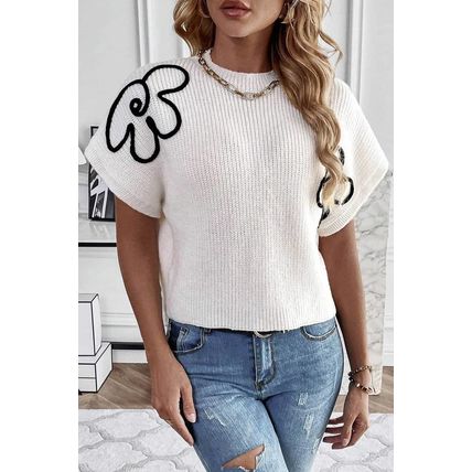 White Flower Embroidery Sweater Tee