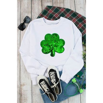 White Sequin Clover Embroidered Drop Shoulder Sweatshirt