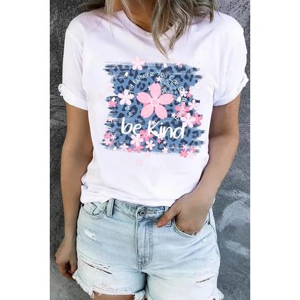 White Be Kind Cherry Blossoms Leopard Graphic T Shirt