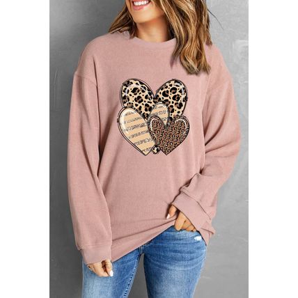 Pink Leopard Heart Shape Corded Loose Fit Sweatshirt