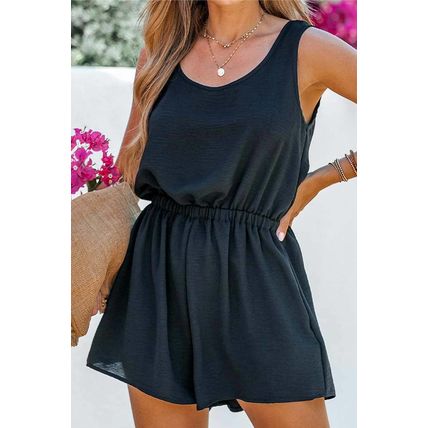 Black Knotted Backless Elastic Waist Sleeveless Romper