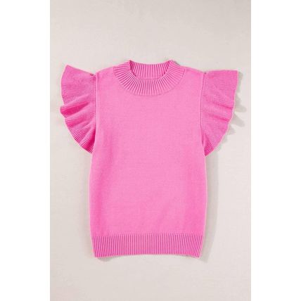 Bonbon Ribbed Mock Neck Ruffled Short Sleeve Sweater