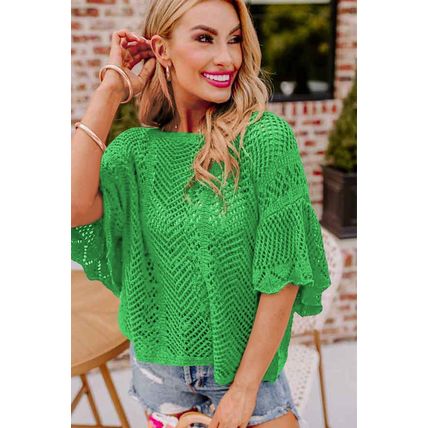 Green Pointelle Knit Scallop Edge Short Sleeve Top