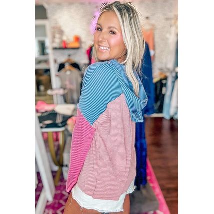 Pink Color Block Patchwork Corded Knit Loose Fit Hoodie