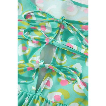Green Abstract Printed Lace-up Lantern Sleeve Babydoll Blouse