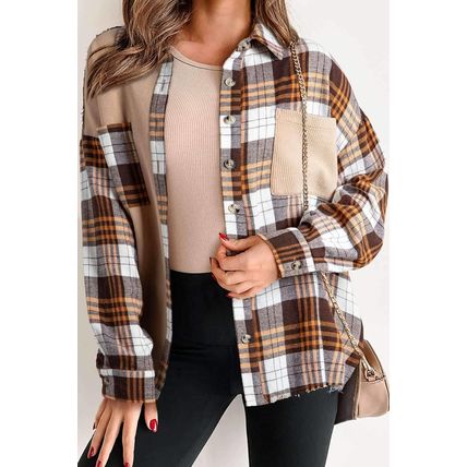 Khaki Thermal Knit Plaid Patchwork Shacket