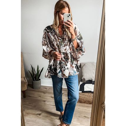White Floral Print Balloon Sleeves Button Up Loose Casual Shirt