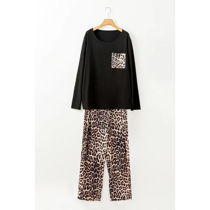 Black Leopard Patched Pocket Long Sleeve Top Plus Size Pants Set